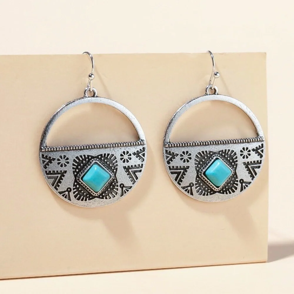 Silver Turquoise Gem Round Boho Drop Earrings